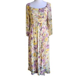 Luxology Sheer Floral Maxi Dress Women's Small Spring Easter Mesh Ruched Cottage